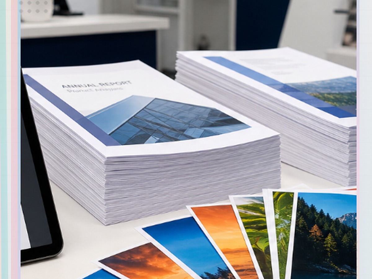 Printed documents, annual report and colour photo samples on a print shop desk