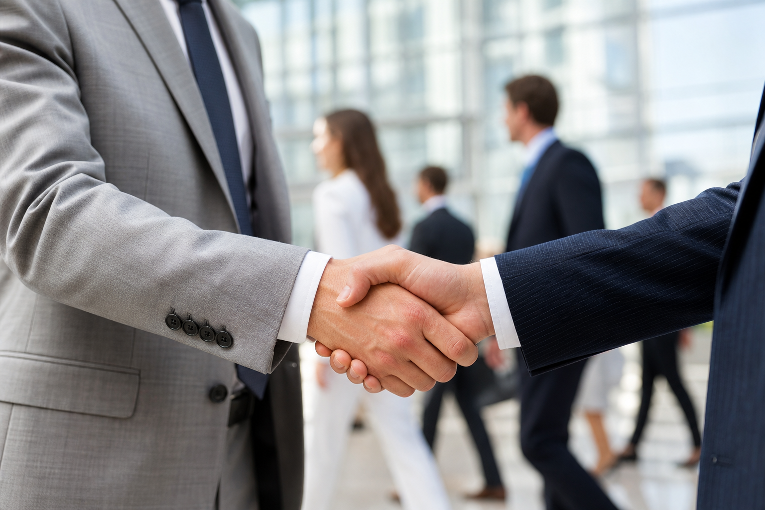 Business partners shaking hands in a modern college or office setting