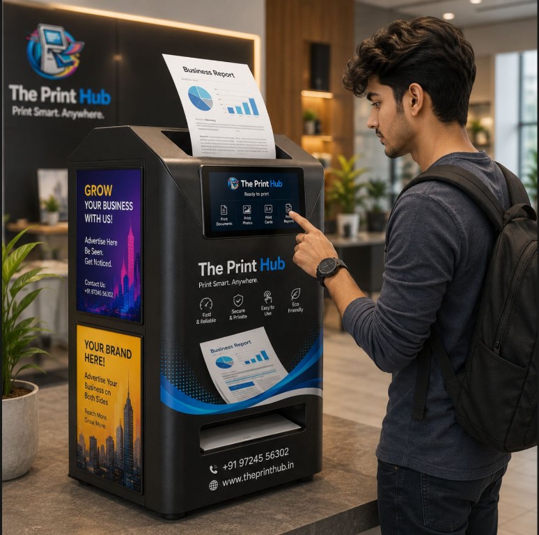 The Print Hub smart kiosk with touchscreen, print scan copy features and contact details