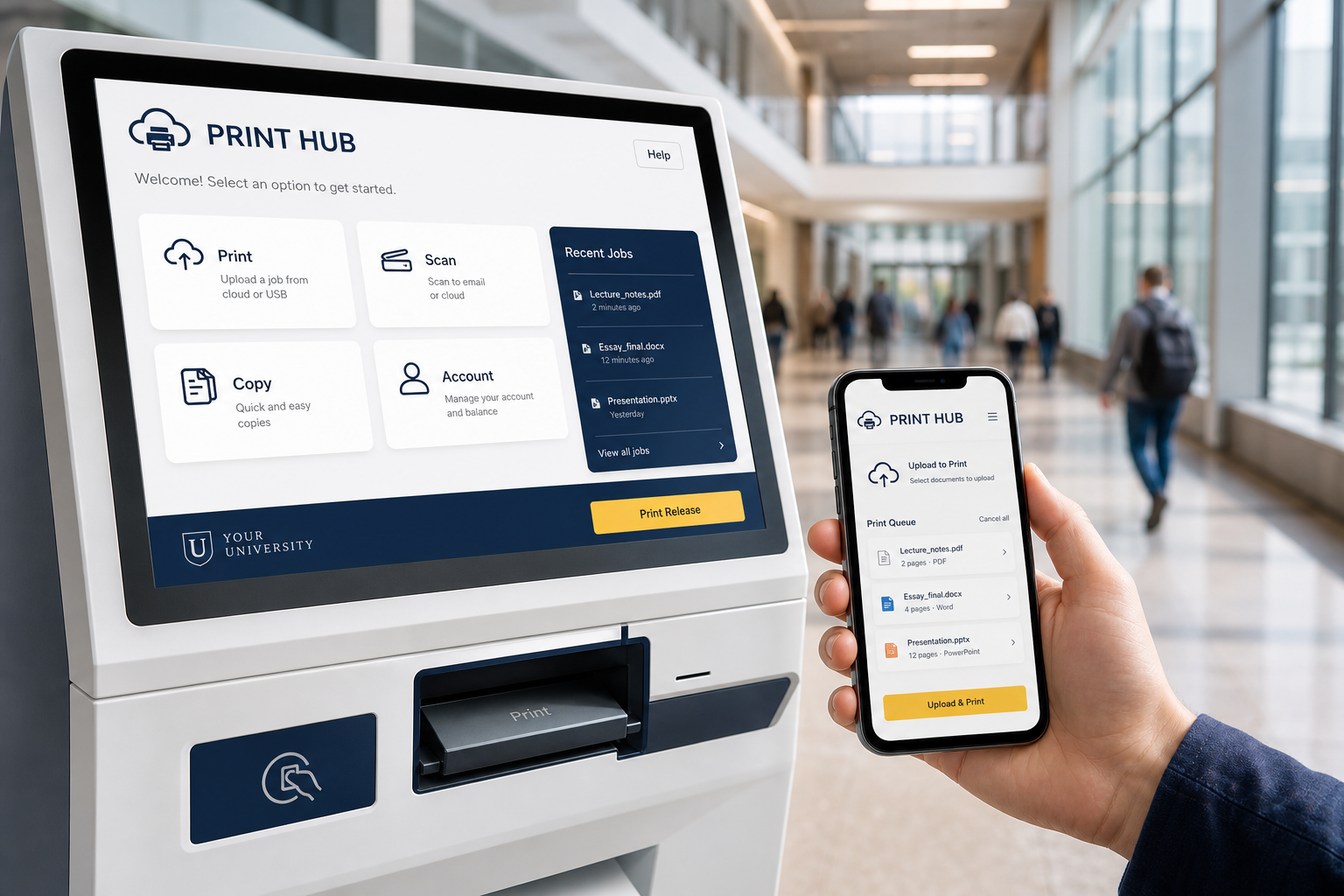 The Print Hub smart kiosk with touchscreen and mobile app for cloud document upload in an institutional lobby